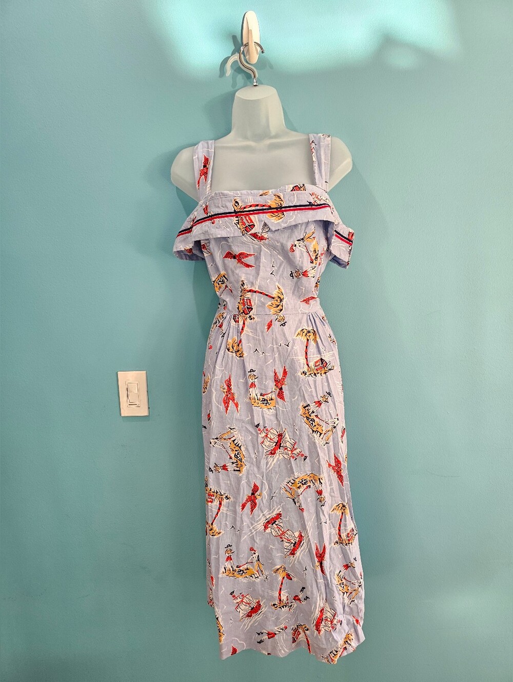 Light Blue Off-Shoulder Summer Pinup Dress with Pirate Vintage Print